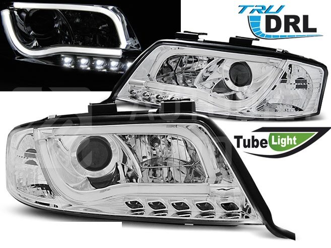 Přední světla Audi A6 01-04 LED TUBE light, s denním svícením DRL chromová