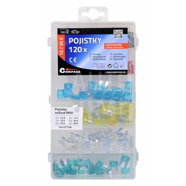 Compass Pojistky do auta nožové MINI sada 120ks 7,5 10 15 20 25 30Amp