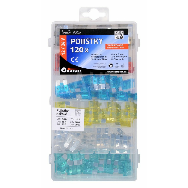 Compass Pojistky do auta nožové sada 120ks 7,5 10 15 20 25 30 Amp