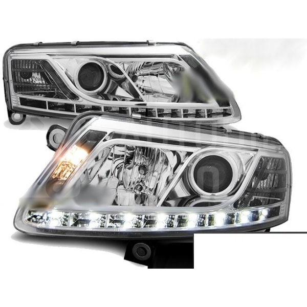Přední světla AUDI A6 C6 04-08 DAYLIGHT H7 s Denním Svícením  Chromová Přední světla AUDI A6 C6 04-08 DAYLIGHT H7 s Denním Svícením  Chromová