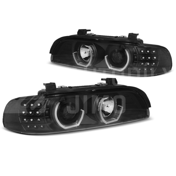 Přední světla, lampy Angel Eyes BMW 5 E39 95-03, LED BLINKR, černé H1/H1