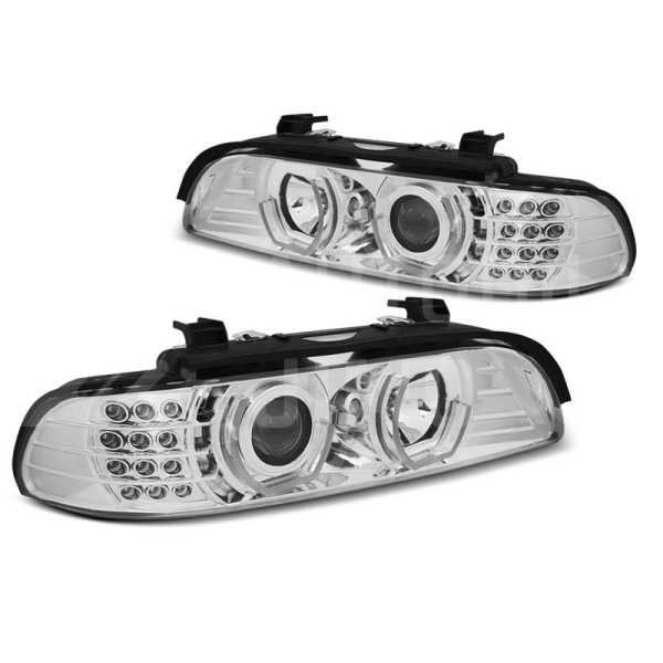 Přední světla, lampy Angel Eyes BMW 5 E39 95-03, LED BLINKR, chromové H1/H1