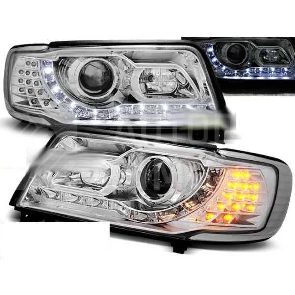 Přední světla, lampy AUDI 100 C4-DAYLIGHT chromová, LED blinkr Přední světla, lampy AUDI 100 C4-DAYLIGHT chromová, LED blinkr