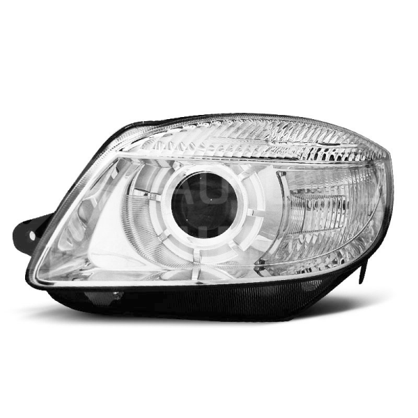 Přední světla, lampy s čočkou Škoda Fabia II, Roomster 06-13 chromové H7 Přední světla, lampy s čočkou Škoda Fabia II, Roomster 06-13 chromové H7